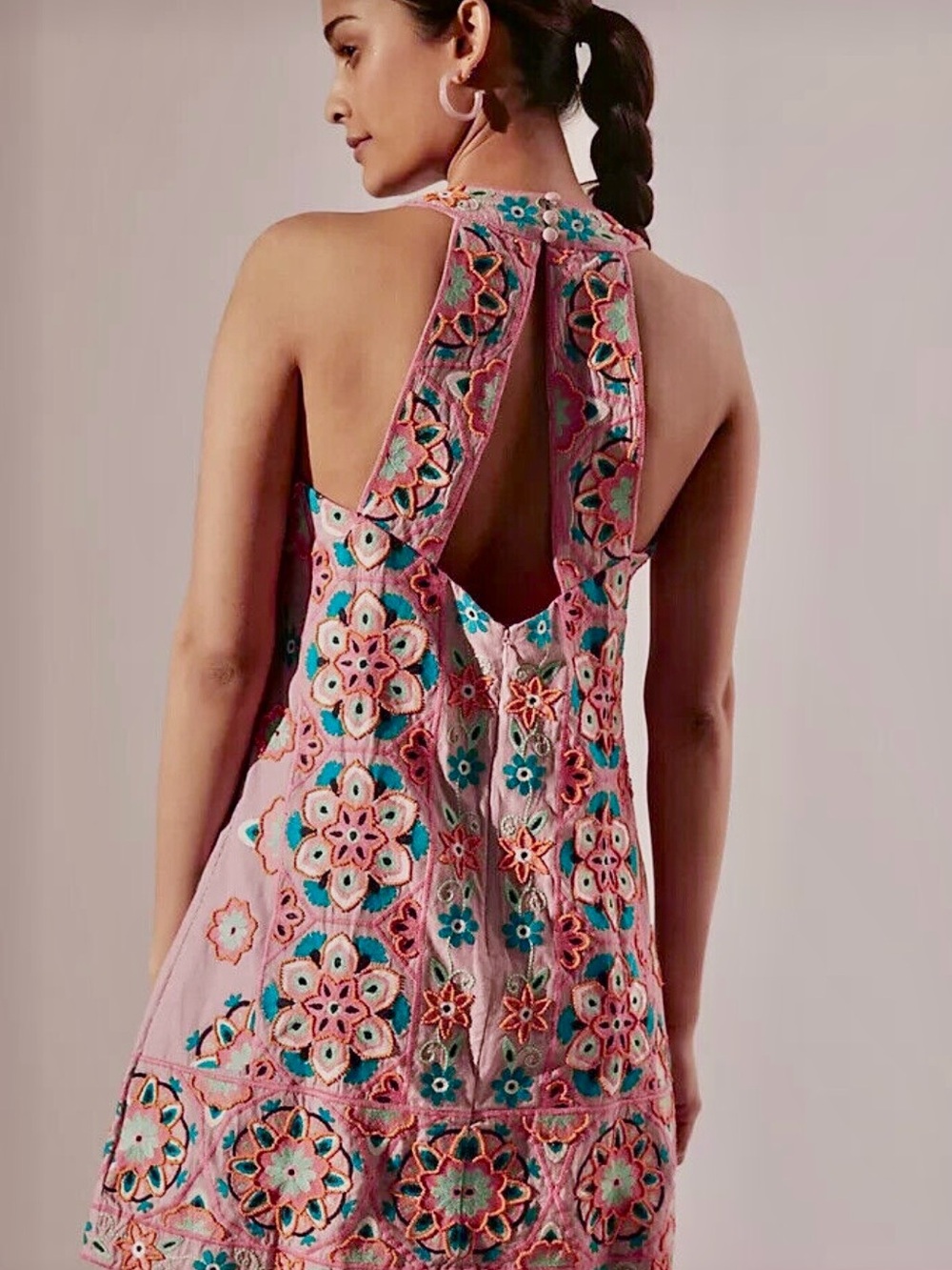 Anthropologie Pink Embroidered Open-Back Halter Dress with Teal Accents - Picture 1 of 8